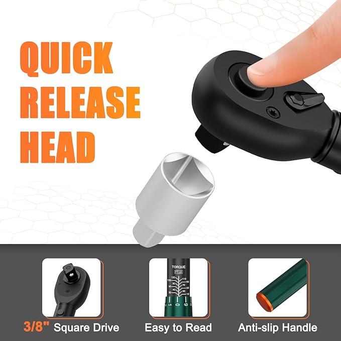 3/8-Inch Drive Torque Wrench, 10-120 Ft.Lb, 짹3% Accuracy, 72-Tooth Dual-Direction Adjustable Click Torque Wrench with Quick Release Ratchet for Bicycle, Motorcycle, Car Maintenance