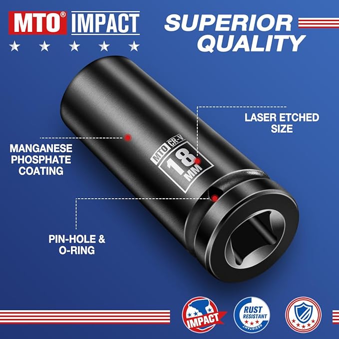 MTO 1/2" Drive 18mm Deep Impact Socket, 6-Point Metric Socket for Automotive Maintaince, CR-V Steel Meets ANSI Standards