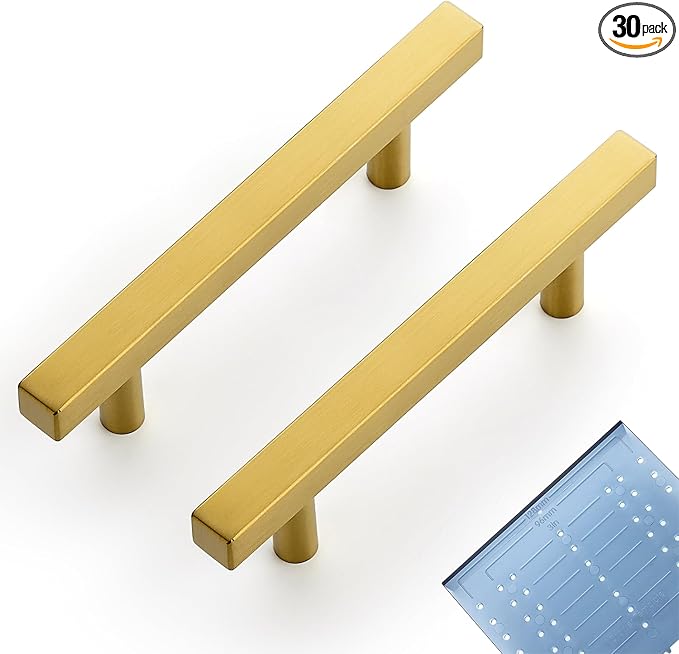 Ravinte 30 Pack 3-1/2 Inch Cabinet Pulls Gold Sqaure Kitchen Cabinet Handles Gold Cabinet Hardware Stainless Steel Drawer Pulls 6 Inch Overall Length with Mounting Template