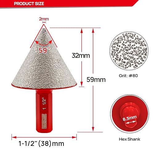 DT-DIATOOL Diamond Beveling Chamfer Bit 1-1/2 Inch with Hex Shank for Tile Porcelain Ceramic Granite Marble Existing Holes Enlarging Polishing Shaping Trimming Repairing