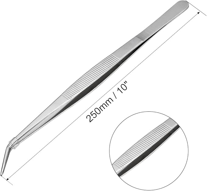 uxcell 10-Inch Stainless Steel Tweezers with Curved Pointed Serrated Tip