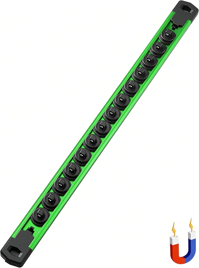 ALOANES 1/4-Inch Drive Magnetic Socket Organizer, Heavy Duty Aluminum Socket Rail Organizer, 360째 Swivel Clips Socket Rail Set For Sockets Storage, 1/4-Inch Socket Holder x 14 Clips (Green)