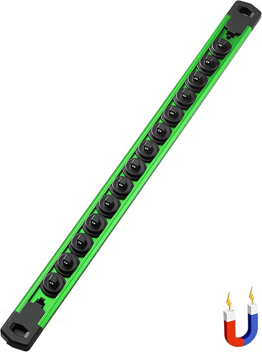 ALOANES 1/4-Inch Drive Magnetic Socket Organizer, Heavy Duty Aluminum Socket Rail Organizer, 360째 Swivel Clips Socket Rail Set For Sockets Storage, 1/4-Inch Socket Holder x 14 Clips (Green)