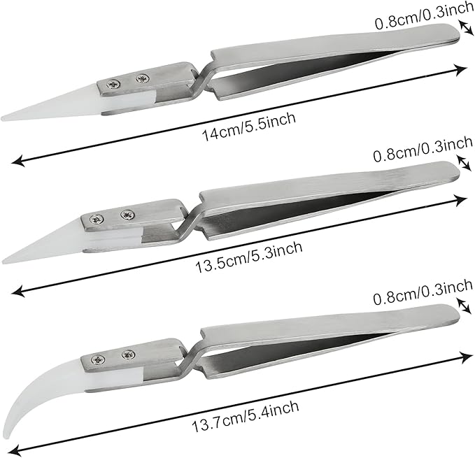 6 Pcs Precision Ceramic Reverse Solder Tweezers, Non-Conductive, Anti-Magnetic Pointed & Curved Tips Tweezers Set, Cross Lock Fiber Grip Soldering Tool, Heat-resistant Electronics Tweezers