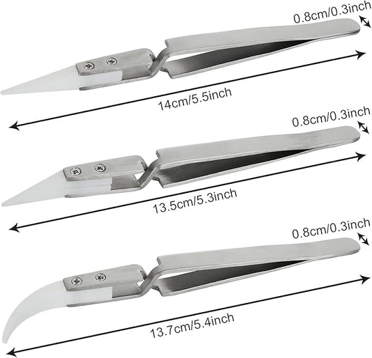 6 Pcs Precision Ceramic Reverse Solder Tweezers, Non-Conductive, Anti-Magnetic Pointed & Curved Tips Tweezers Set, Cross Lock Fiber Grip Soldering Tool, Heat-resistant Electronics Tweezers