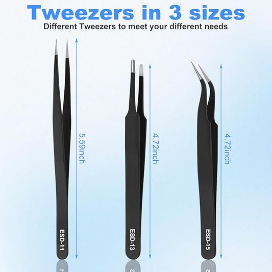 3Pcs Precision Tweezers Set,Upgraded Anti-Static Stainless Steel Tweezers, for Electronics Repair, Model Building, Soldering, Laboratory Work, Craft Essentials