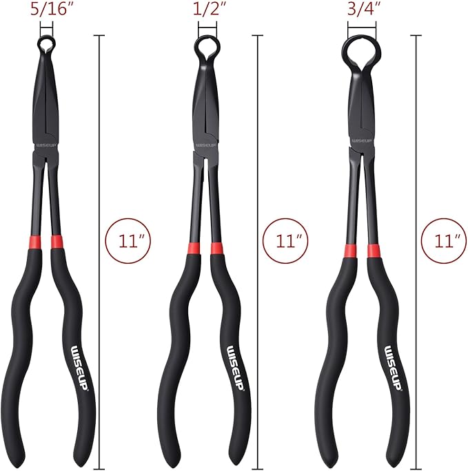 WISEUP 3-Piece 11" Long Reach Hose Grip Pliers Set, 5/16-Inch, 1/2-Inch, 3/4-Inch Dia O-shape nose plier for Easy Removal and Installation of Automotive Hoses and Fitting