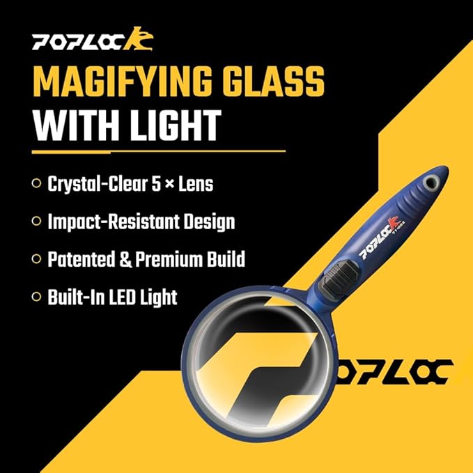Poplock Magnify Glass with Light, 3X??X Lens, 2-Side Concave Convex, Blue
