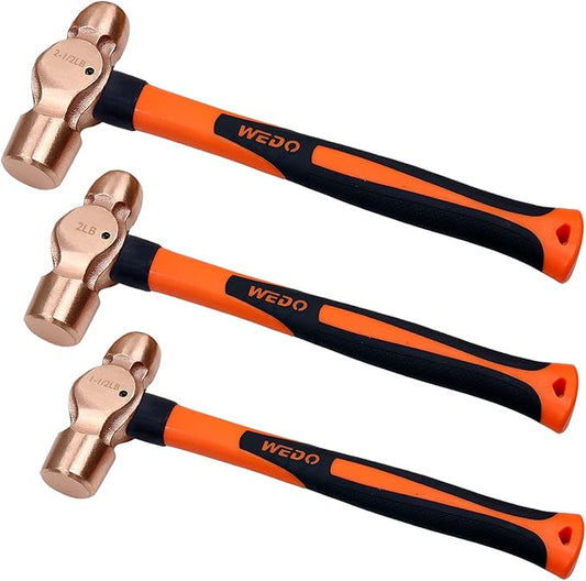 WEDO 3PCS Copper Ball Peen Hammer Set,24 oz + 32 oz + 40 oz(1-1/2lb&2LB&2-1/2lb), Ball Pein Hammer with Fiberglass Handle, Die-Forged, Corrosion Resistant, DIN Standard