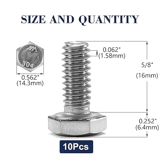 3/8-16 x 5/8" Hex Head Screw Bolt, 10Pcs 18-8 (304) Stainless Steel, Fully Threaded, Plain Finish, by SG TZH