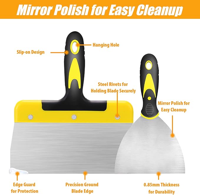 DEKEones Drywall Knife Set, 8 Pieces Stainless Steel Drywall Hand Tool Kit Includes Taping Knives, Putty Knives, Finishing Trowel, Mud Scoop and 12" Mud Pan with Ergonomic Handles for Drywall Work
