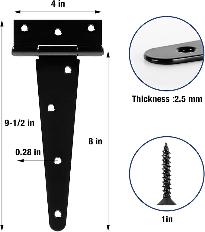 TDCHINGES 8 Inch Heavy Duty T Strap Tee Hinge 6 Pack Barn Farm Fence Gate Door Hinges for Shed Doors Outdoor Kitchen Wood Cabinet Interior Exterior Window Bar Shop Matte Blake Door Hinge Hardware Kit