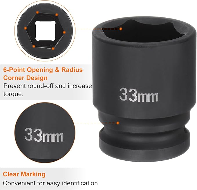 HARFINGTON 6-Point Impact Socket 3/4" Drive 33mm Metric 40Cr Alloy Steel Spindle Axle Nut Impact Socket