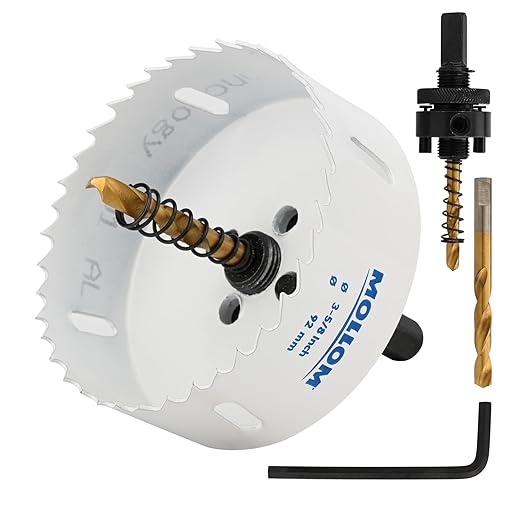 Mollom (92mm | 3-5/8") HSS M42 with 8% Cobalt BI-Metal Hole Saw with 2 Pilot Drill Bits & Arbor Smooth Cutting for PVC,Drywall,Wood,Plastic,Gypsum Board,Rubber