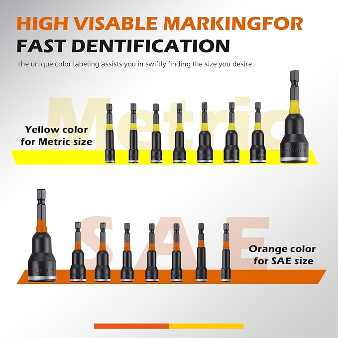 16Pcs Magnetic Nut Driver Set, Nut Driver Set for Impact Drill, 1/4" Quick-Change Hex Shank | SAE & Metric | Cr-V Steel, Impact Nut Driver Set, Nut Drivers for Stainless Steel Bolts