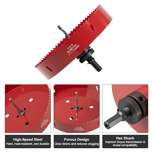 7" (178mm) Bi-Metal M42 High Speed Steel Hole Saw with Pilot Drill Bit, Smooth Cutting Edge for PVC, Drywall, Wood, Plastic, Gypsum Board, Rubber, Thin Metal