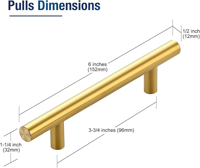 JOY DECOR 5 Pack 6 Inch Cabinet Pulls Kitchen Cabinet Handles with 3-3/4 Inch Hole Center Brushed Brass Cabinet Hardware Stainless Steel Kitchen Drawer Pulls for Cabinets Cupboard, 96mm Hole Centers