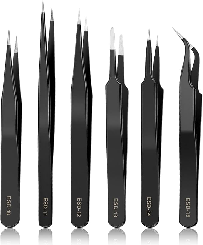 YHYZ 6PCS Precision Tweezers Set, Upgraded Anti-Static Stainless Steel Precise Tweezers (Fine, Curved, Flat), Perfect for Craft, Electronic, Soldering, Model, Hobby, Jewelry Making, Laboratory