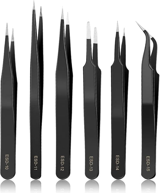 YHYZ 6PCS Precision Tweezers Set, Upgraded Anti-Static Stainless Steel Precise Tweezers (Fine, Curved, Flat), Perfect for Craft, Electronic, Soldering, Model, Hobby, Jewelry Making, Laboratory