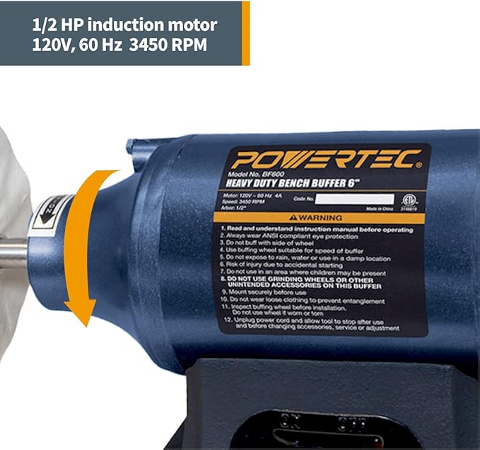 POWERTEC 6-Inch Bench Buffer Jewelry Polisher - Includes 4PCs 80Ply Thic Buffing Wheels | Ideal Benchtop Buffing Machine for Polishing Metal, Jewelry, Knives, Wood, Jade, and Plastic (BF601C)