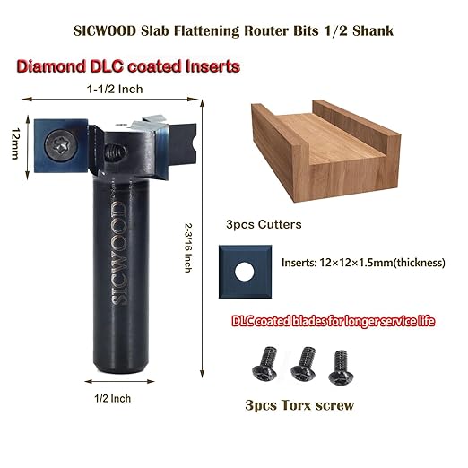 Spoilboard Surfacing Router Bit 1/2 Shank, 1-1/2??Cut Dia, with DLC Coated, 3-Flute, 12*12*1.5mm Blade, Slab Flattening Router Bit, Planing Bit, for CNC, Rabbeting Flycutter, Planer
