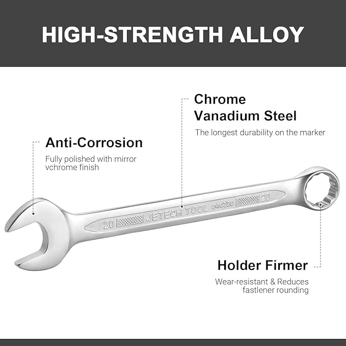 Jetech 20mm Combination Wrench - Industrial Grade, Chrome Vanadium Steel, Sand Blasted Finish, 12-Point Design, 15-Degree Offset, Forged, Heat-Treated, Metric