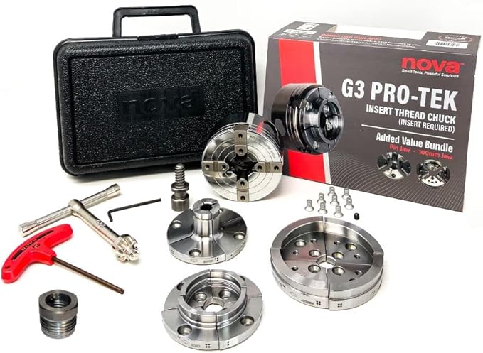 Nova Pro-Tek 48296 G3 Wood Lathe Chuck Kit with 3 jaw sets (2" Standard, 4" Bowl Jaws, and 1" Pin Jaws) insert version, with adapter insert (with IXNS 1" x 8tpi Insert)