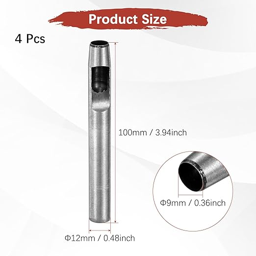 9MM Leather Hole Punch Tool [4PCS] - Metal Round Belt Hole Puncher Use for Leather Working & Belts & Watch Band & Paper & Plastic - [Silver Tone] Round Hollow Tools