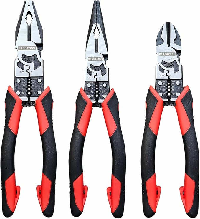 3PCS Combination Pliers Set, 9 In 1 Multifunction Electrician Tool, 8.5" Long Nose, 8.5" Linemens, 8" Diagonal Cutting Wire Stripper/Heavy Duty Side-Cut (Red/Black)