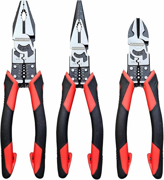 3PCS Combination Pliers Set, 9 In 1 Multifunction Electrician Tool, 8.5" Long Nose, 8.5" Linemens, 8" Diagonal Cutting Wire Stripper/Heavy Duty Side-Cut (Red/Black)