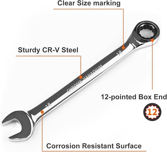 Egofine 18mm Ratcheting Combination Wrench Metric, Industrial Grade Gear Spanner with 12-Point Design, 72-Tooth Ratchet, Chrome Vanadium Steel