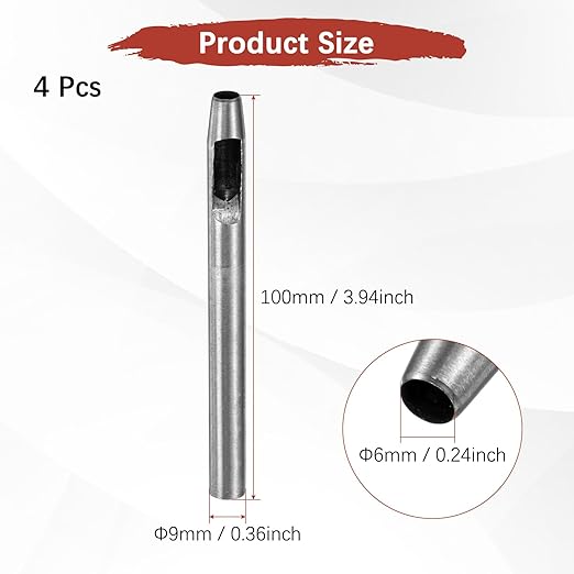 6MM Leather Hole Punch Tool [4PCS] - Metal Round Belt Hole Puncher Use for Leather Working & Belts & Watch Band & Paper & Plastic - [Silver Tone] Round Hollow Tools