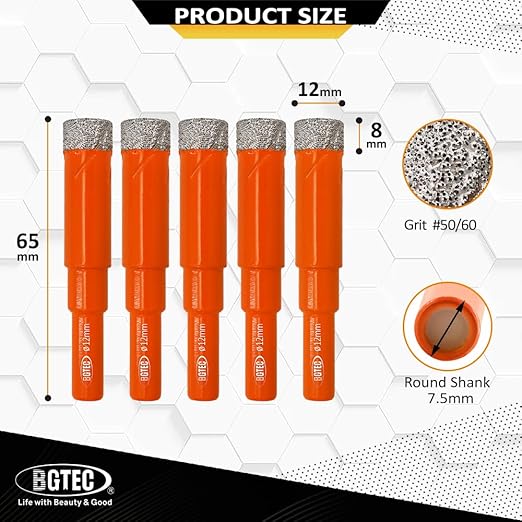 Dry Diamond Drill Bit Set,BGTEC 5pcs 12mm Hole Saw for Granite,Marble,Masonry, Concrete, Tile/Ceramic, Glass, Hard Plastic,Vacuum Brazed Diamond Core Drill Bit Kit