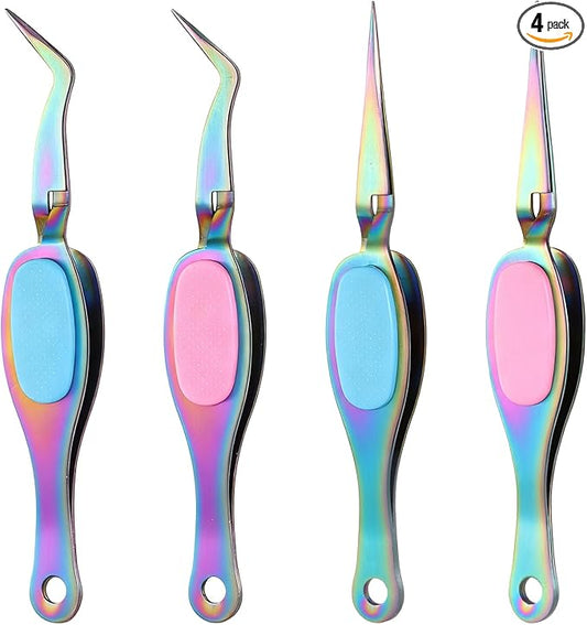 4 Pcs Reverse Tweezers, Crossing Lock Curved Tweezers Stainless Steel Soft-Grip Tool Precision Crafting with Curved Tip and Straight Tip for DIY Craft, Jewelry, Beading, Electronics