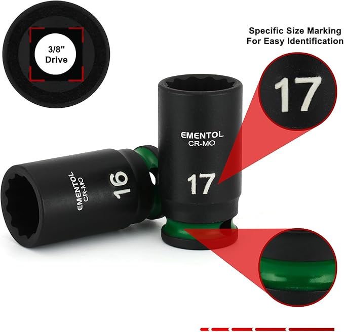 EMENTOL 3/8" Drive Impact Socket Set, Semi-Deep Sockets, 13 Pieces, Metric (7-19mm), 12 Point, CR-MO, Stamped and ink filled