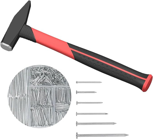 Machinist Engineers Hammer with 376pcs Nails Set, Smooth Face and Forged Steel,Shock-Absorbing Fiberglass Handle, Red and Black Handle Blacksmith Forging Tools 300 grams