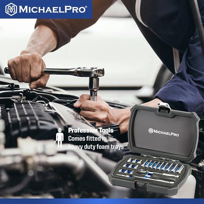 MichaelPro 22-Piece 1/4'' Drive Socket Set SAE 3/16'' - 1/2'', 90-Tooth Standard & Deep Sockets, CR-V Steel, 6-Point Design, with Spinner Handle, Extension Bar, Ratchet Handle | MP005058