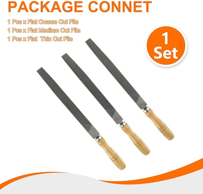 HARFINGTON 3pcs Tip Cut File 10" Double Cut Teeth High Carbon Steel Hand Rasp File with Wood Handle for Metal Wood Deburring Removing