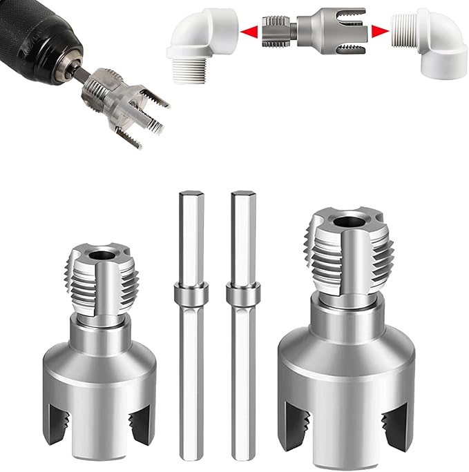 Pipe Threading Tool Kit with Internal & External Threader, 1/2"+ 3/4" Pipe Sizes,Pipe Thread Cutting Tool, Electric Drill Compatible PVC Pipe Threader Kit, Pipe Sizes Rethreading Tool
