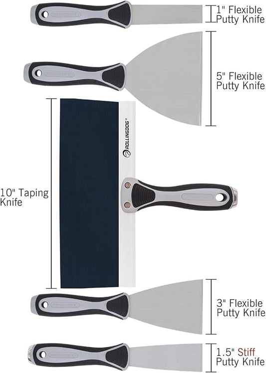 ROLLINGDOG 5 PC Putty Knife Set- Include 1", 3" and 5" Spackle Knife, 1.5" Chisel Scraper, 10" Taping Knife for Drywall Repair