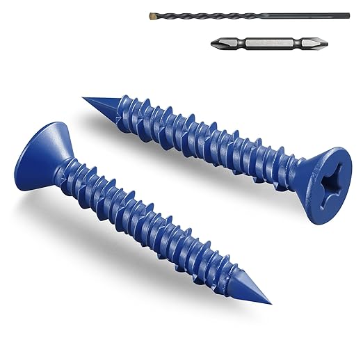 35Pcs 1/4 x 1-3/4 Inch Concrete Screws Anchor with Drill Bit, Blue Flat Head Masonry Brick Stucco Cement Block Screws, Diamond Point