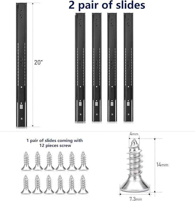 Ravinte 20 Inch Soft Close Drawer Slides 2 Pairs 4 Pack Black Full Extension Ball Bearing Drawer Glide Side Mount