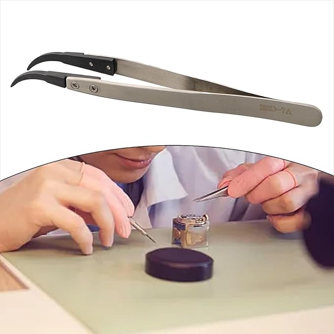 Precision Anti-Static ESD Tweezers for Electronics Repair, Industrial Metal Tweezers for Circuit Board, Mobile Phone, and Clock Maintenance, Silver Black Color(ESD-7A)