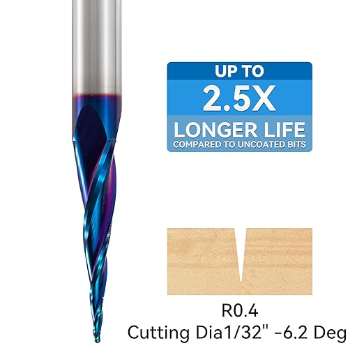 CNC Router Bits 1/4 inch Shank Spiral Tapered Ball Nose 2D & 3D Carving Bit 6.2 Deg Tapered Angle Ball Tip R0.4 1/4" Shank 3" OVL for Wood Carving Engraving Detail Profile