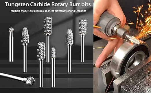 Carbide Burr Set 1/4'' Shank Die Grinder Bits Double Cut Solid Tungsten Carbide Rotary Files Bits for Die Grinder Metal Carving Polishing Drilling Milling Cutting (8pcs)