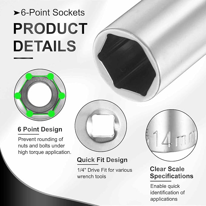 HARFINGTON 6 Points Deep Socket 1/4" Drive 14mm Deep Metric CR-V Steel Polished Nickel Plating Flip Sleeve 50mm / 2" Extra Long Socket Tool for Home Auto Nuts Bolts Repair