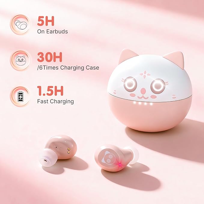 Bluetooth headphones, Bluetooth 5.3 Headphones HiFi Stereo, True Wireless Earbuds, LED Digital Display Wireless Earpods, Ear Buds with Microphone, IPX5 Waterproof Earbuds for School/Sport(Pink Cat)