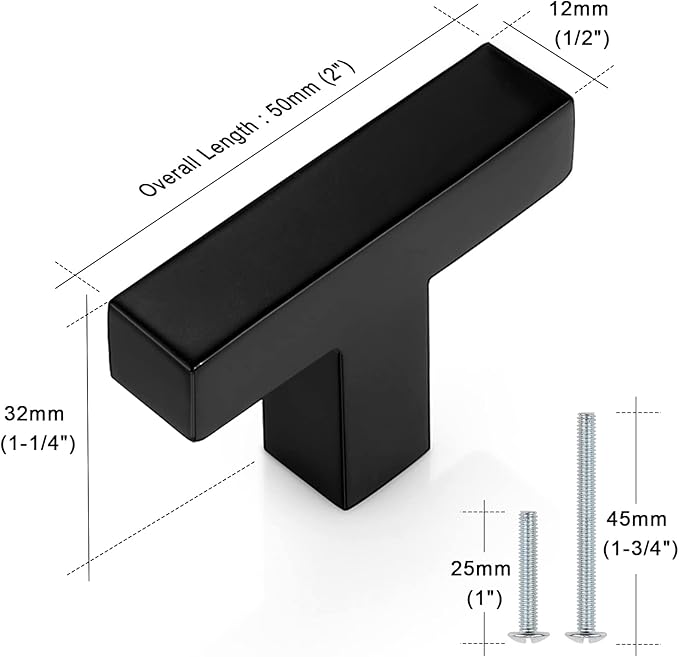Probrico 15 Pack Black Cabinet Knobs Stainless Steel Square Corner Bar Kitchen Cabinet Door Handles 2" Overall Length Drawer Pulls Knobs Single Hole T Knob for Closet, Wardrobe, Bedroom