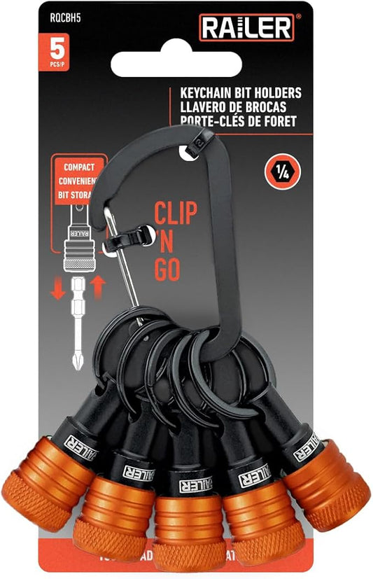 Railer Bit Holder Keychain 5pc - 1/4 inch Hex Shank Bit Holders - Quick Release Bit Holder for Nut Driver, Screwdriver & Drill Bits w/Key Chain Carabiner