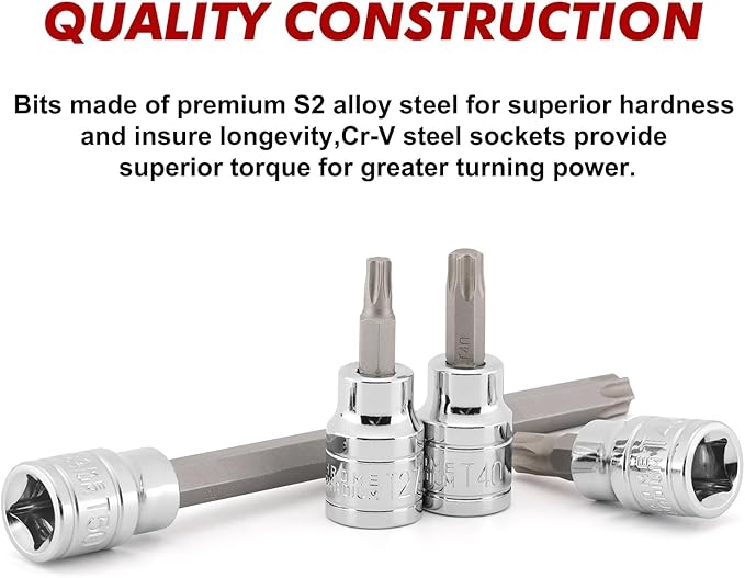 CASOMAN 3/8"Drive Extra Long and Standard Torx Bit Socket Set, 24 Piece Torx Star Bit Set, T10 to T60, Length: 150mm, CR-V & S2 Steel